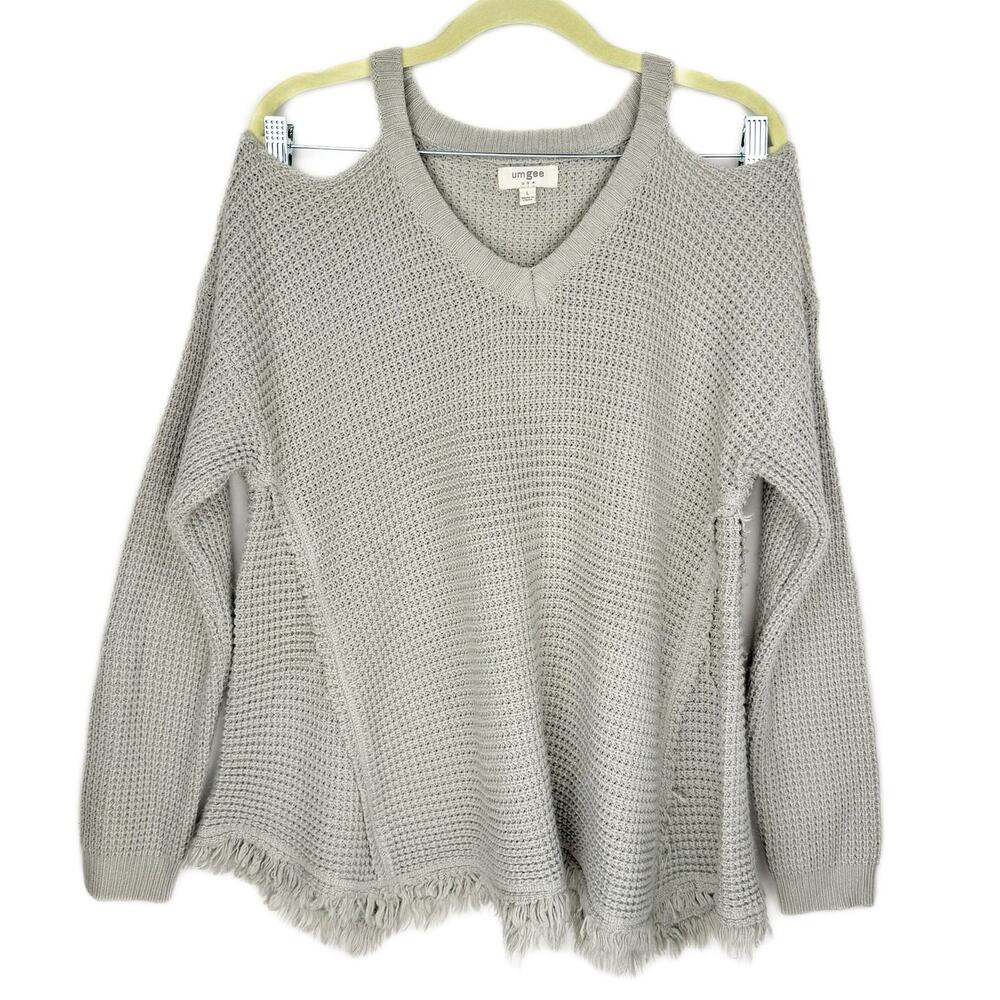 Umgee Gray Chunky Knit Fringe Cold Shoulder Flare Cotton Relaxed Fit Sz Large